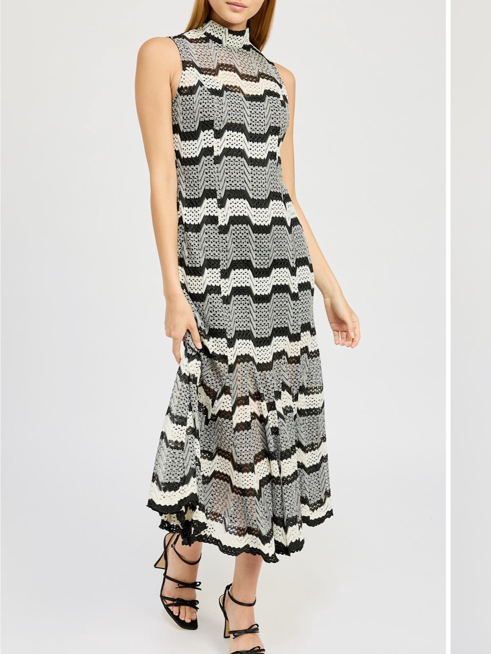 En Saison Genesis Black & White Striped Crochet/Open Stitch Maxi Dress | S
